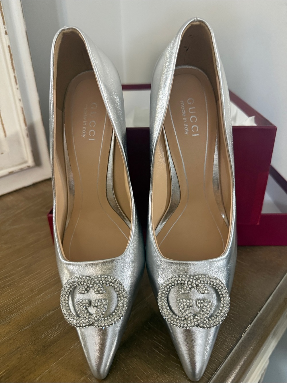 Private Label Silver Crystal-Embellished Pointed Toe Pumps